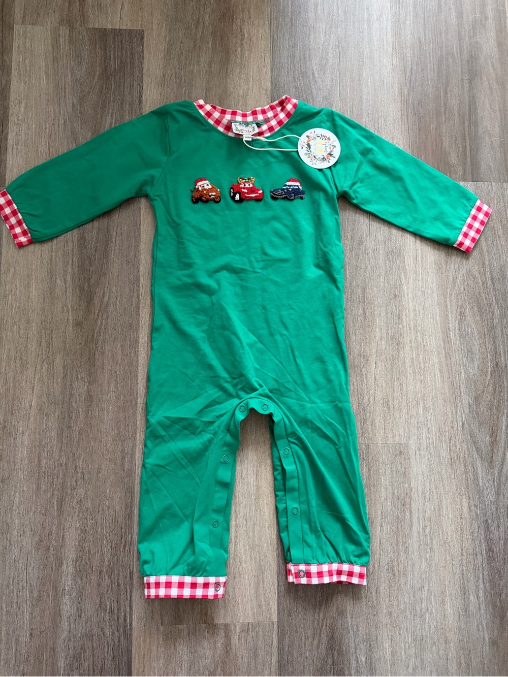 Green Kids One-Piece Romper with Check Trim and French knot Cars characters